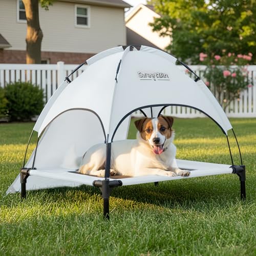 S/M/L Outdoor Elevated Dog Cot with Canopy & Side Shade for Camping Small Medium Dogs (Carry Bag), Portable Cooling Raised Dog Bed with and Side for Beach