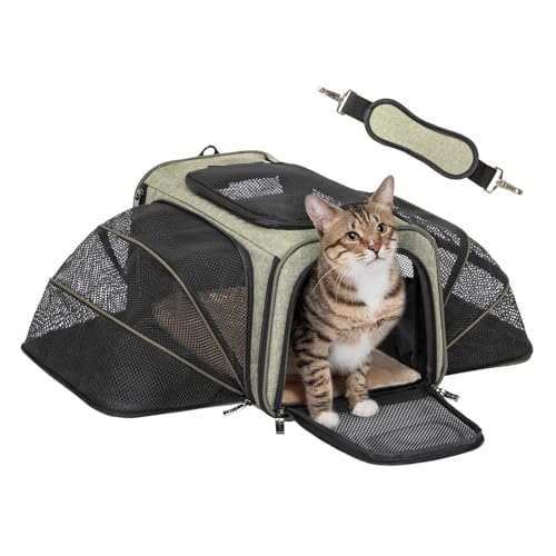 Petsfit Expandable Rabbit Carrier Bunny Carriers, 16 Inch Airline Approved Pet Carrier with 2 Extensions, Soft Washable Cushion, Self-Locking Zipper Head, Built-in Safety Rope, Fit for Travel