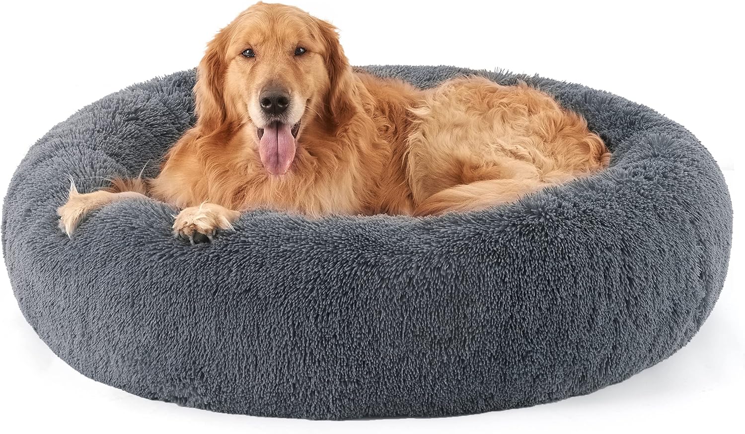 Bedsure Calming Dog Bed for Extra Large Dogs - Donut Washable Large Pet Bed, 45 inches Anti-Slip Round Fluffy Plush Faux Fur Dog Bed, Fits up to 120 lbs Pets, Dark Grey