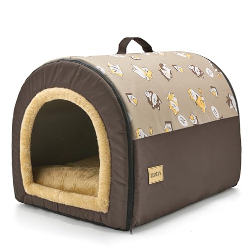 Jiupety Indoor Dog House, 2 in 1 Portable Foldable House Bed with Cover, Pet Tent & Cave Bed for Small Medium Dog, L(21"17"15"), Up to 16 Lb, Brown