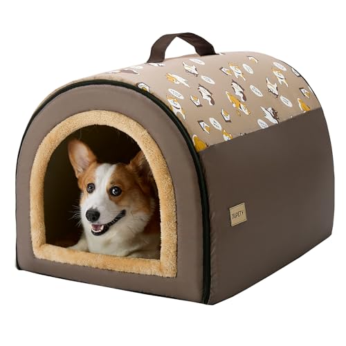 Jiupety Indoor Dog House, 2-in-1 Portable Foldable House Bed with Cover, Pet Tent & Cave Bed for Medium Dogs, XL(28"21"19"), Up to 40 Lb, Brown