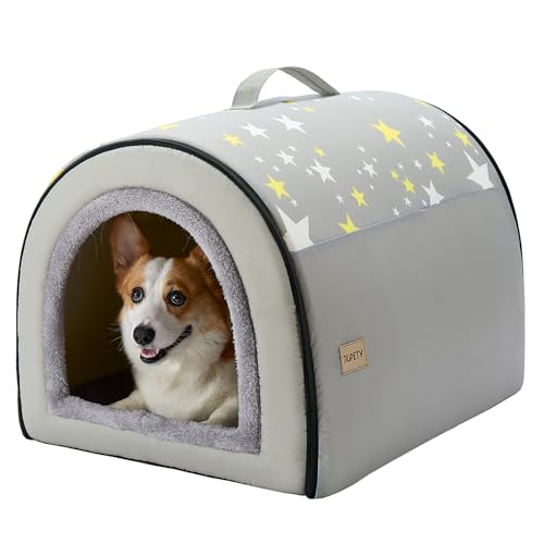 Jiupety Indoor Dog House, 2-in-1 Portable Foldable House Bed with Cover, Pet Tent & Cave Bed for Medium Dogs, XL(28"21"19"), Up to 40 Lb, Grey