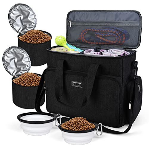 BAGLHER Dog Travel Bag, Airline Approved Pet Tote Organizer with Multi-Function Pockets, 2 X Food Storage Containers and 2 X Collapsible Dog Bowls, Perfect Weekend Pet Travel Set for Dog, Cat Black