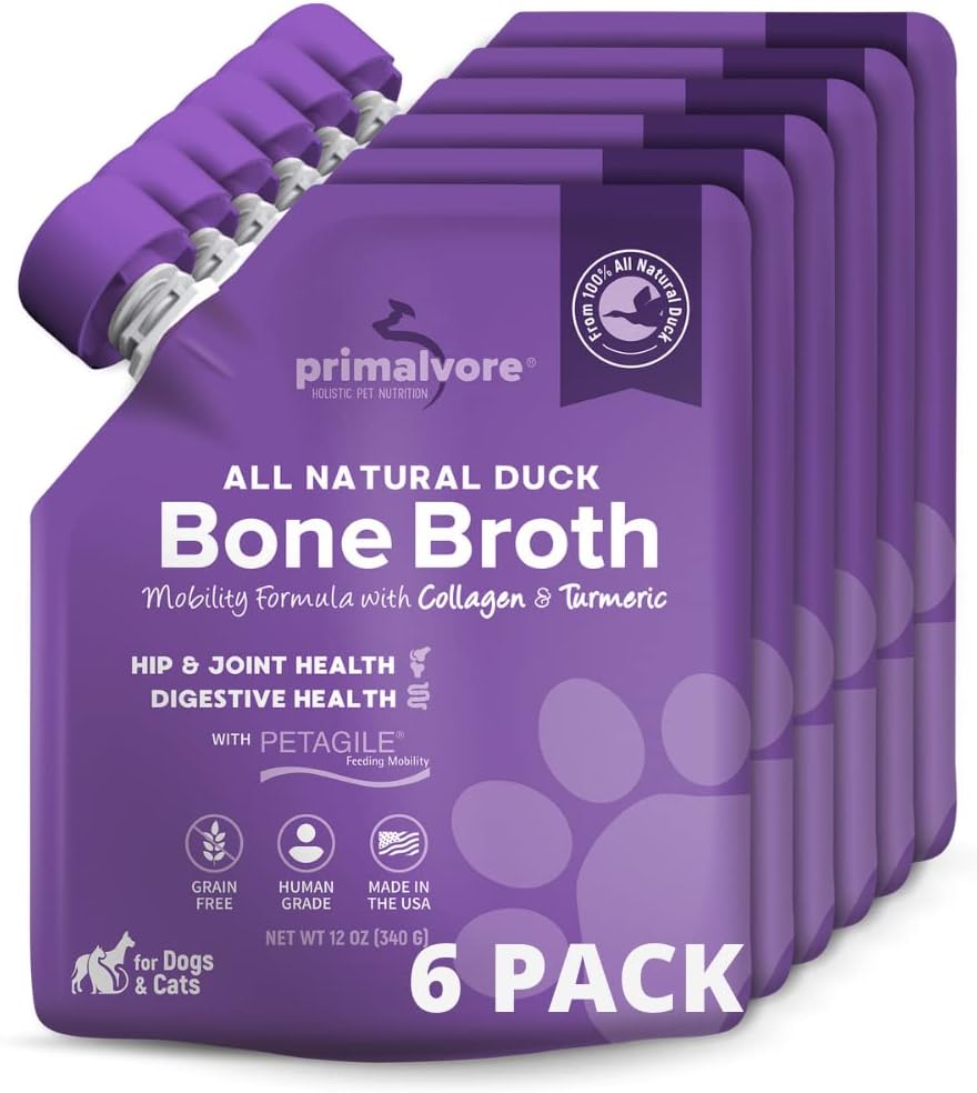Primalvore All-Natural Duck Bone Broth for Dogs &Cats, Mobility Formula w/Collagen Peptides for Hip & Joints, Digestion, Skin & Coat and Hydration. Grain Free, Human Grade, Made in USA. Duck 6 Pack
