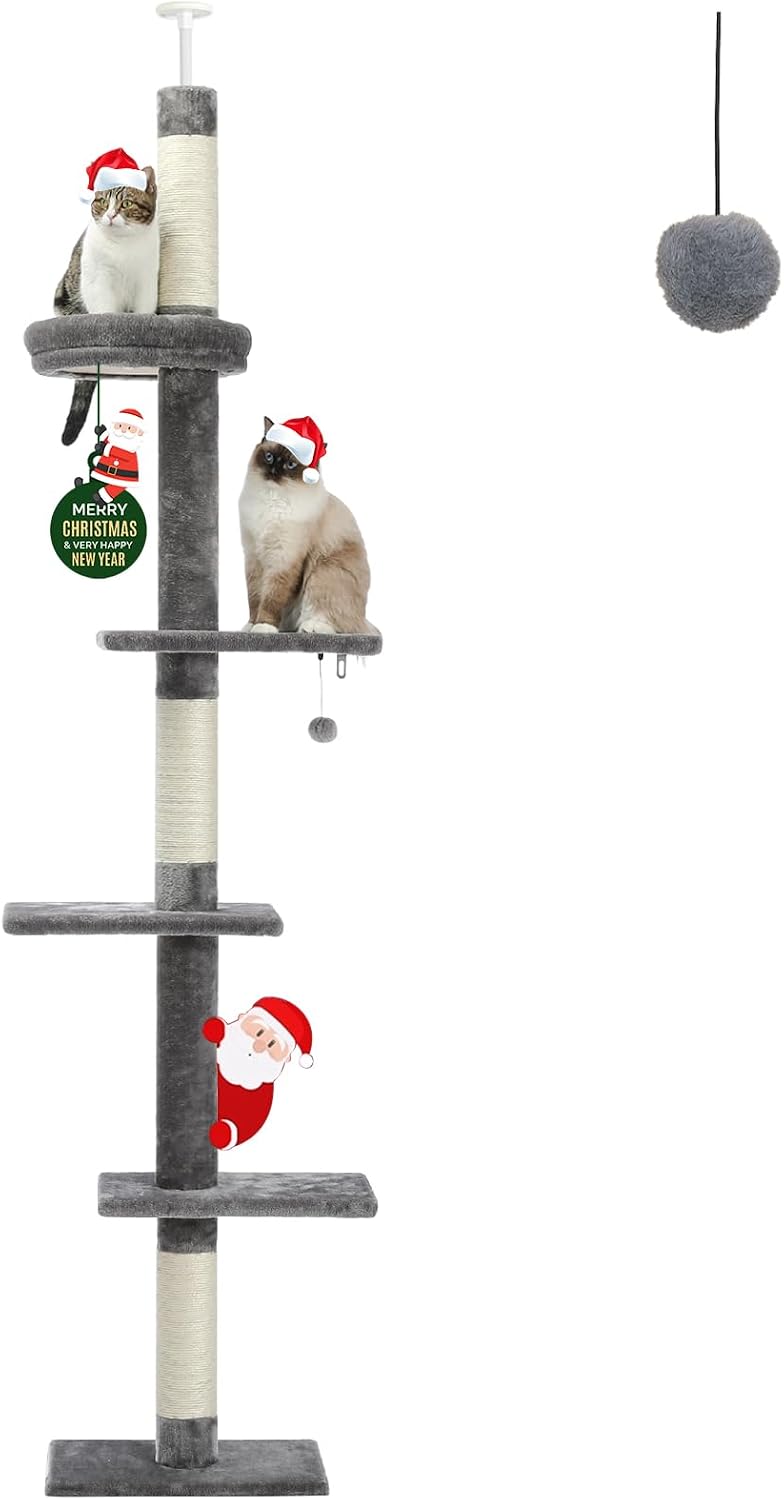 PETEPELA Floor to Ceiling Cat Tree, Cat Tower 5-Tier Height(95-107 Inches) Adjustable, Tall Cat Climbing Tree Featuring with Scratching Post, Cozy Bed,Interactive Ball Toy for Indoor Cats/Kitten Grey