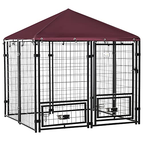PawHut 4.6' x 4.6' x 5' Outdoor Dog Kennel, Welded Wire Dog Kennel Outside Run with 360 Rotating Bowls, Waterproof & UV Resistant Cover, for S&M Breeds, Chickens, Ducks, Red