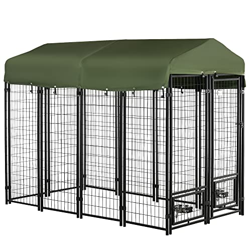 PawHut 8' x 4' x 6' Dog Kennel Outside, Welded Wire Outdoor Dog Kennel Run with 360 Rotating Bowls, Waterproof & UV Resistant Cover, for S&M&L Breeds, Chickens, Ducks, Green