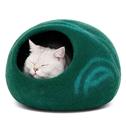 MEOWFIA Cat Cave  Premium Felt Cat Bed for Indoor Cats, Handmade 100% Merino Wool (Medium, Emerald)