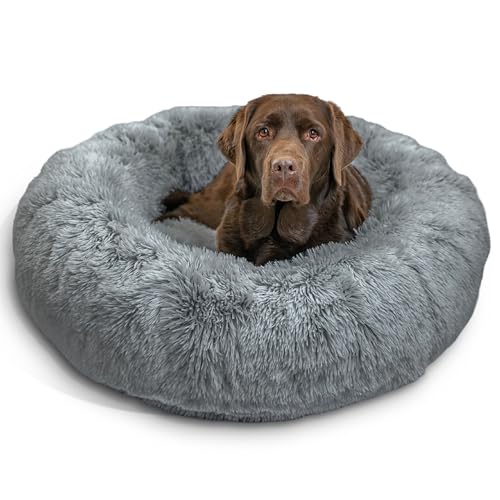 Best Friends by Sheri Original Calming Donut Dog and Cat Bed, Shag Faux Fur, Gray, (36in x 36in) - Anxiety Relief for Pets Up to 100 lbs