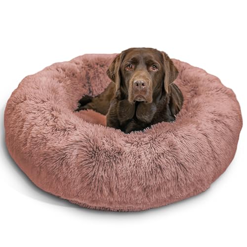 Best Friends by Sheri Original Calming Donut Dog and Cat Bed, Shag Faux Fur, Dusty Rose, (36in x 36in) - Anxiety Relief for Pets Up to 100 lbs