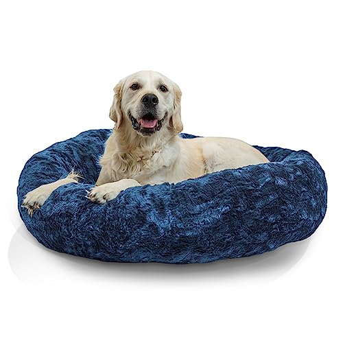 Best Friends by Sheri Original Calming Donut Dog and Cat Bed, Lux Faux Fur, Navy Blue, (36in x 36in) - Anxiety Relief for Pets Up to 100 lbs