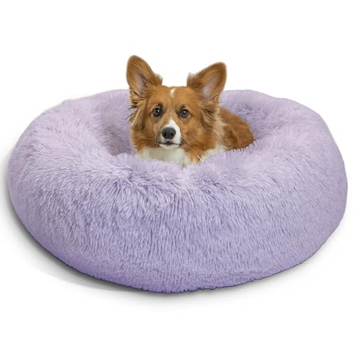 Best Friends by Sheri Original Calming Donut Dog and Cat Bed, Shag Faux Fur, Lavender, (30in x 30in) - Anxiety Relief for Pets Up to 45 lbs