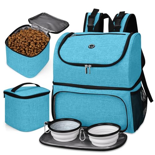BAGLHER Pet Travel Bag, Double-Layer Pet Supplies Backpack (for All Pet Travel Supplies), Pet Travel Backpack with 2 Silicone Collapsible Bowls and 2 Food Baskets Sky Blue