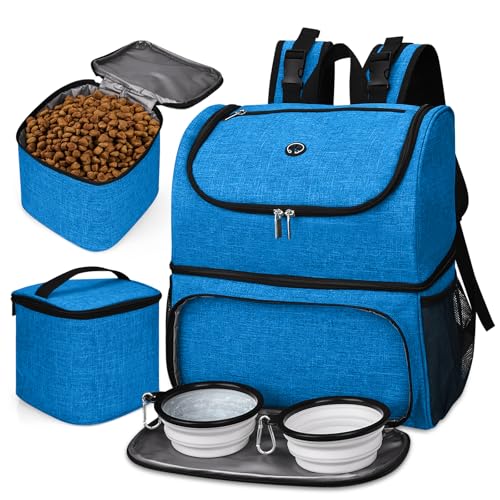 BAGLHER Pet Travel Bag, Double-Layer Pet Supplies Backpack (for All Pet Travel Supplies), Pet Travel Backpack with 2 Silicone Collapsible Bowls and 2 Food Baskets Blue