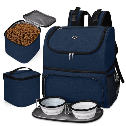 BAGLHER Pet Travel Bag, Double-Layer Pet Supplies Backpack (for All Pet Travel Supplies), Pet Travel Backpack with 2 Silicone Collapsible Bowls and 2 Food Baskets Dark Blue