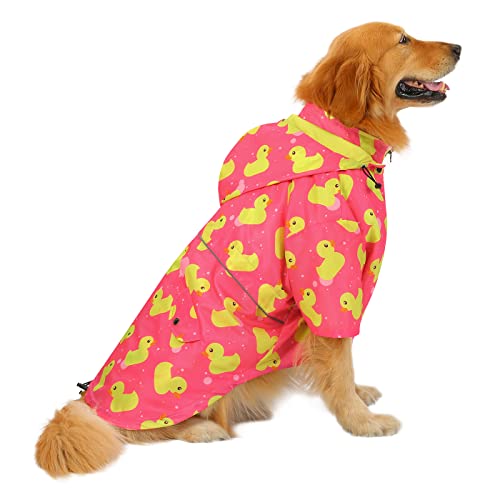 HDE Dog Raincoat Poncho Double Layer Zip Rain Jacket with Removable Hood, Leash Hole for Small to 3XL Dogs and Puppies Ducks Pink - XL