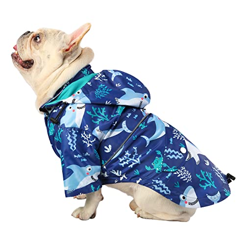 HDE Dog Raincoat Poncho Double Layer Zip Rain Jacket with Removable Hood, Leash Hole for Small to 3XL Dogs and Puppies Sharks - M