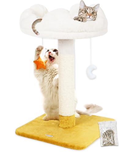 Happi N Pets 28" Large Cloud Cat Scratching Post with Bed(15.3in), Cat Tree Tower for Indoor Cats, Tall Scratch Post with Natural Sisal Ropes & Soft Plush Perch, Removable Cover & Enhanced Base
