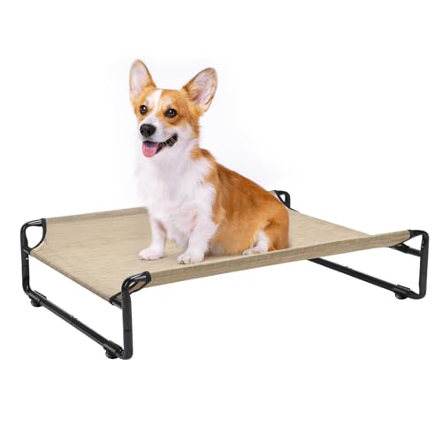 Veehoo Original Outdoor Elevated Dog Bed, Cooling Raised Dog Cot for Medium Dogs, Portable Standing Pet Hammock Platform with Washable Breathable Mesh, No-Slip Feet, Medium, Beige Coffee, CWC2201