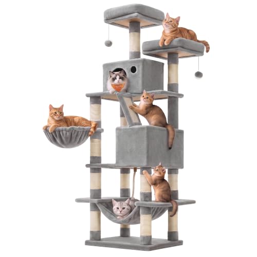 Feandrea Cat Tree, 66.1-Inch Large Cat Tower with 13 Scratching Posts, 2 Perches, 2 Caves, Basket, Hammock, Pompoms, Multi-Level Plush Cat Condo for Indoor Cats, Light Gray UPCT165W01