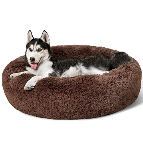 Bedsure Calming Dog Bed for Large Dogs - Donut Washable Large Pet Bed, 36 inches Anti-Slip Round Fluffy Plush Faux Fur Dog Bed, Fits up to 80 lbs Pets, Coffee
