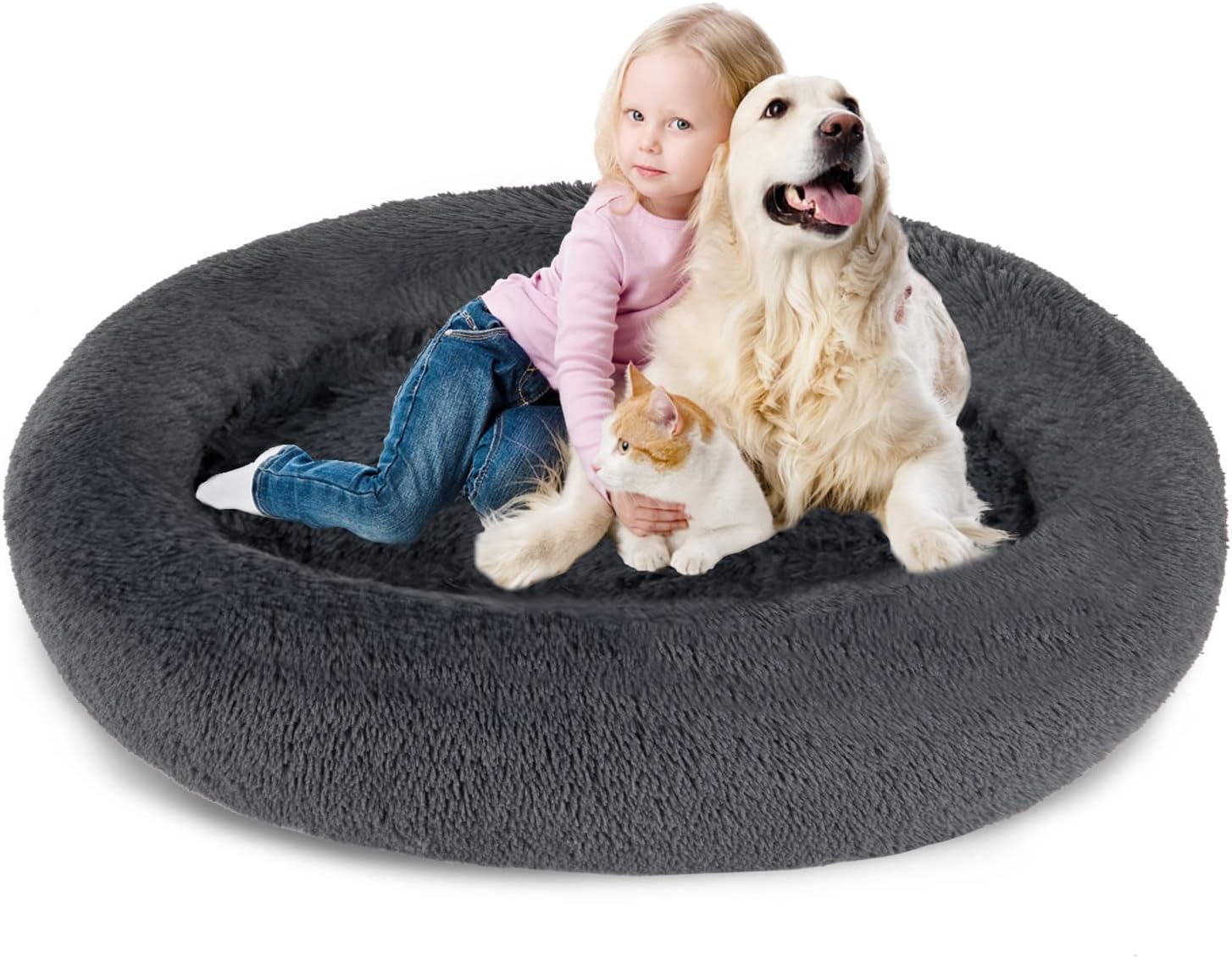 SAVFOX Plush Calming Dog & Cat Beds - Donut Shaped, Comfy Cuddler in Faux Fur, Washable, Multiple Sizes XS-XXL