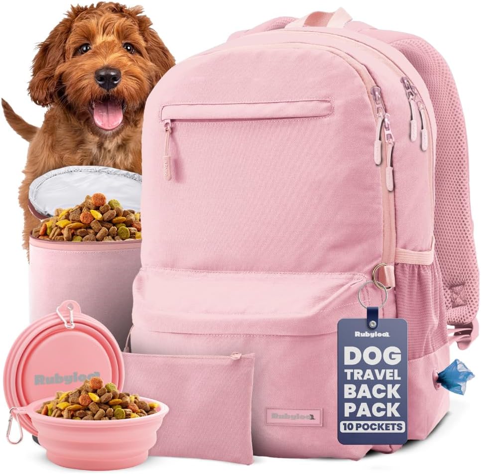 Dog Travel Bag for Supplies - Complete Dog Diaper Bag Backpack with 2 BPA-Free Travel Bowls, Treat Pouch, Food Container, Placemat & Laptop Sleeve for Traveling, Road Trips, Hiking - Dusty Pink