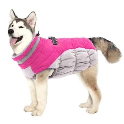 Lelepet Dog Coat Warm Dog Winter Coat Waterproof Dogs Jacket with Harness Built in Reflective Pet Fleece Vest Zip-Up Cold Weather Coats for Large Dogs Turtleneck & Windproof Coats Pitbull Rose Red 2XL