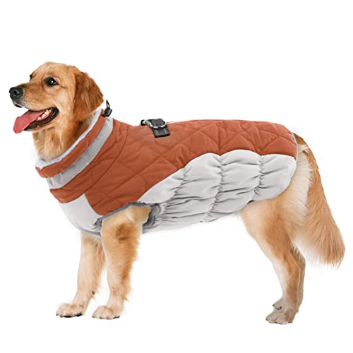 Lelepet Dog Coat Warm Dog Winter Coat Waterproof Dogs Jacket with Harness Built in Reflective Pet Fleece Vest Zip-Up Cold Weather Coats for Large Dogs Turtleneck & Windproof Coats Boxer Brown XL