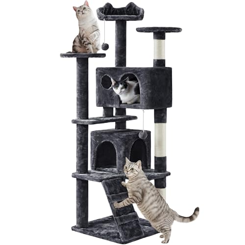 Yaheetech 62in Cat Tree Tower for Indoor Cats, Furniture w/Double Condo, Scratching Posts, Multiple Platforms and Balls for Kittens, Black