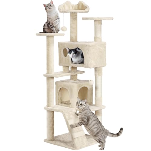 Yaheetech 62in Cat Tree Cat Tower for Indoor Cats, Cat Furniture w/Double Condo, Scratching Posts, Multiple Platforms and Balls for Kittens & Cats, Beige