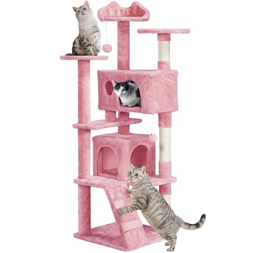 Yaheetech 62in Cat Tree Tower for Indoor Cats, Kitten Furniture with Double Condo, Scratching Posts, Multiple Platforms and Balls for Kitty, Pink