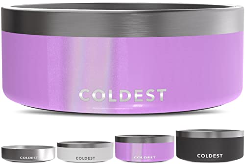 Coldest Dog Bowl - Anti Rust Metal, Non Slip, 3 Layers Insulated Stainless Steel Dog Bowls - Spill Proof & Heavy Duty - Water Bowl for Dogs, Cats, Dish Washer Safe (64 oz, Saturns Purple Glitter)