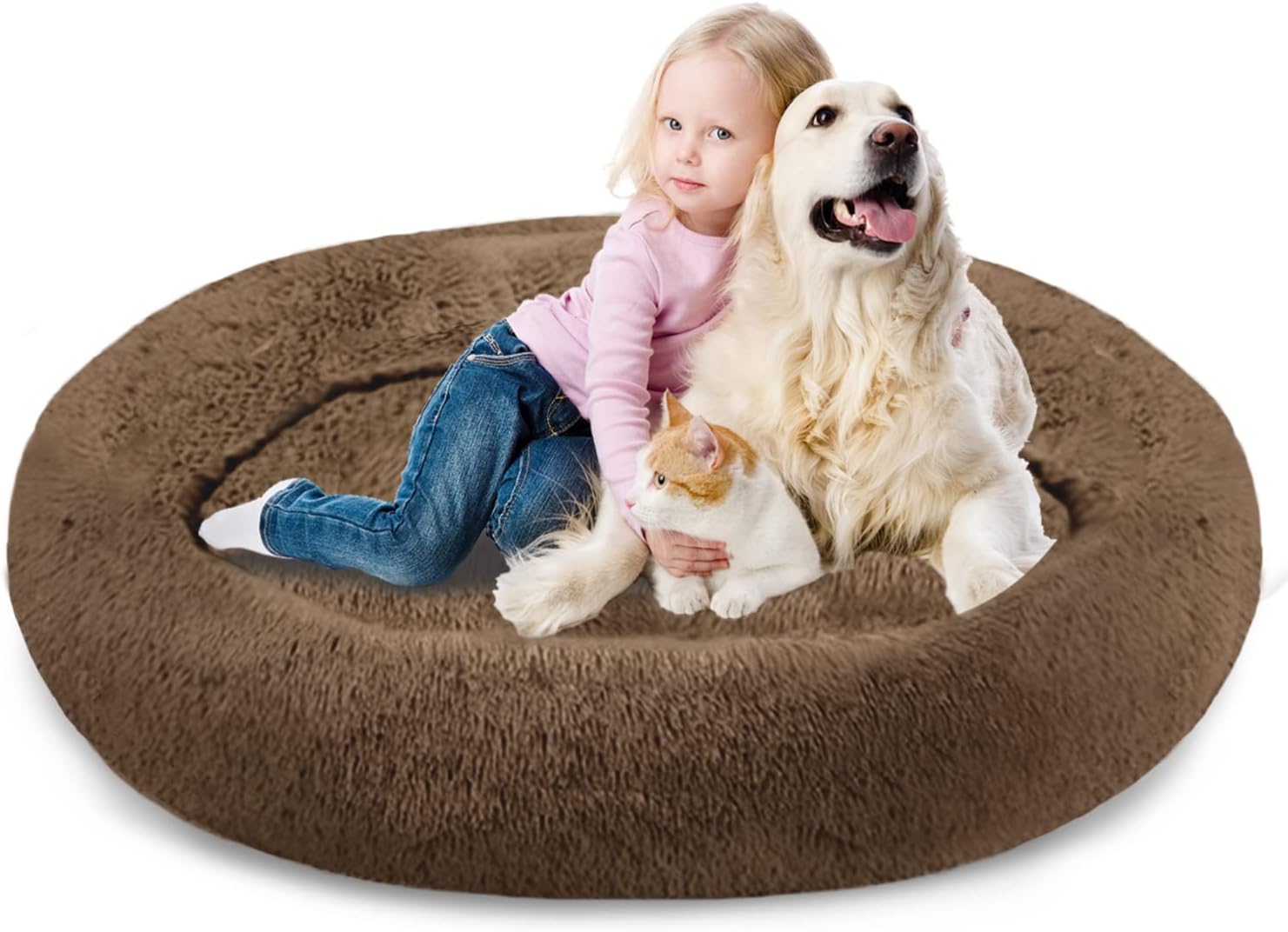 SAVFOX Plush Calming Dog Beds, Donut Dog Bed for Small Dogs, Medium, Large & X-Large, Comfy Cuddler Dog and Cat Bed in Faux Fur, Washable Dog Bed, Multiple Sizes XS-XXL