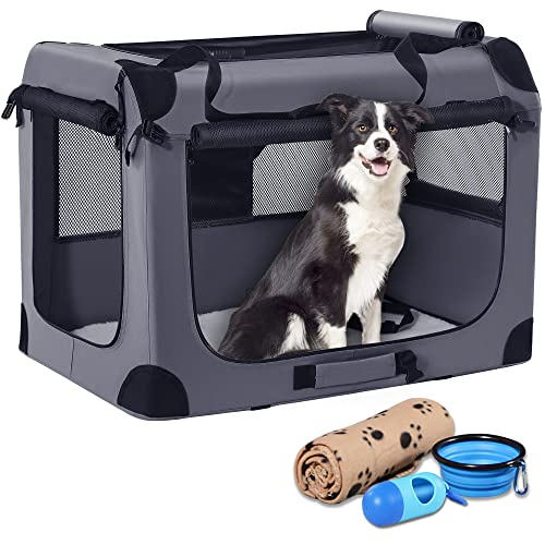 Petprsco Portable Dog Crate - 32"x23"x23" Collapsible Dog Travel Crate for Medium/Large Dogs with Soft Blanket, Foldable Bowl & Poop Bag Dispenser - Indoor & Outdoor Use