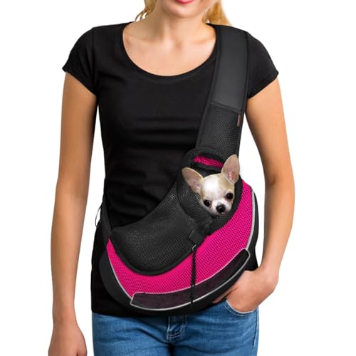 YUDODO Pet Sling Carrier for Small Dogs & Cats  Hands-Free Puppy Carrier with Safety Hook, Large Zipper Pocket, Soft Breathable Mesh, Adjustable Strap & Reflective Strip (Pink 3.0 S)