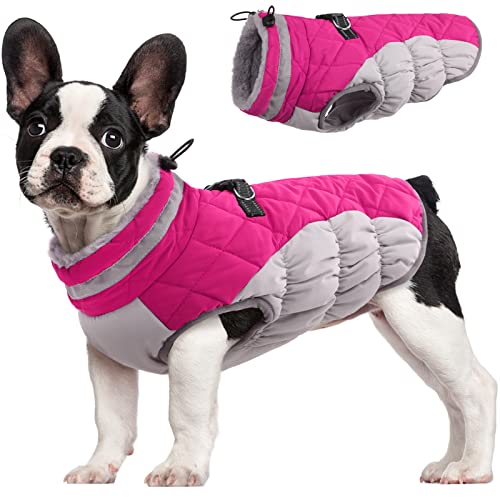 FUAMEY Dog Coat, Medium, Pink, Faux Fur - Waterproof, Windproof, Reflective Cold Weather Coat with Built-in Harness, Fits Dogs 11 lbs and Up
