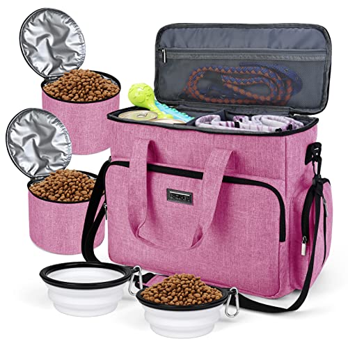 BAGLHER Dog Travel Bag, Pet Travel Bag (ALL Pet Travel Supplies), With 2 Pet Food Containers and 2 Collapsible Silicone Bowls; Essential Kits for Pet Travel Pink