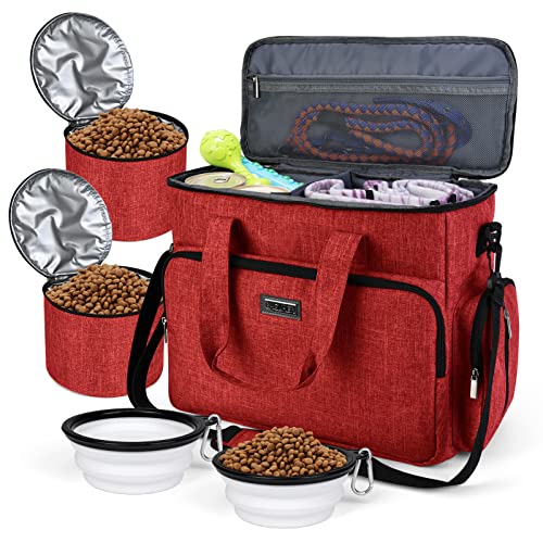 BAGLHER Dog Travel Bag, Pet Travel Bag (ALL Pet Travel Supplies), With 2 Pet Food Containers and 2 Collapsible Silicone Bowls; Essential Kits for Pet Travel Red