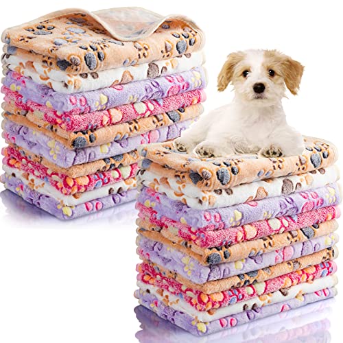 Chumia 40 Pcs Blankets Soft Fluffy Fleece Washable Pet Dog Sleep mat Paw Print Pattern Fleece Blankets for Pets Throw Warm Bed Mat for Dog Puppy Cat(24 x 16 Inch,Pink, White, Brown, Purple)