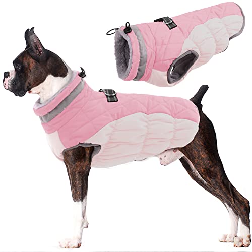 Lelepet Dog Coat Warm Dog Winter Coat Waterproof Dogs Jacket with Harness Built in Reflective Pet Fleece Vest Zip-Up Cold Weather Coats for Large Dogs Turtleneck & Windproof Coats Boston Terrier Pink