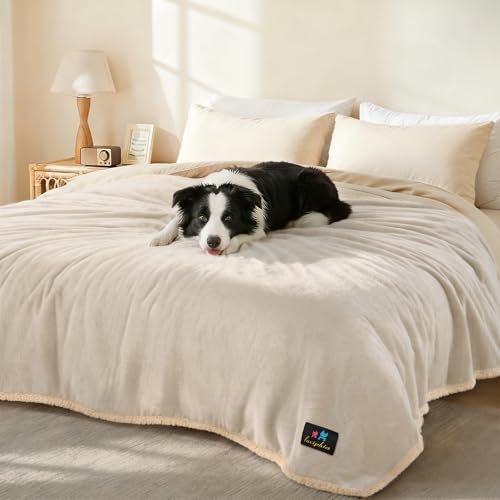 Waterproof Pet Blanket, Liquid Pee Proof Dog Blanket for Sofa Bed Couch, Reversible Sherpa Fleece Furniture Protector Cover for Small Medium Large Dogs Cats, Grey Beige X-Large(85" x 57")