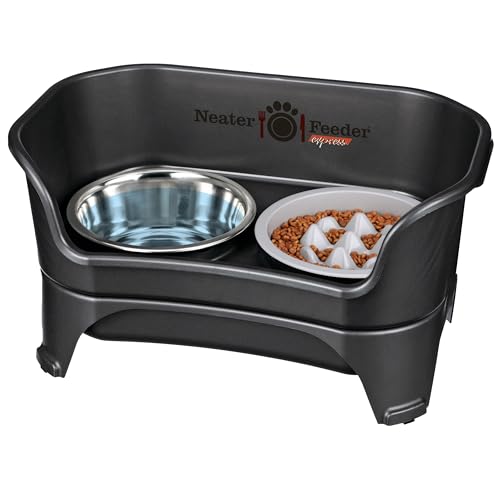 Neater Feeder Express Mess Proof Dog Bowls Elevated for Medium and Large Breed  Made in USA  No Spill Raised Slow Feeder Elevated Dog Bowl Stand, Slow Feed Food and Water Bowl Set, Black