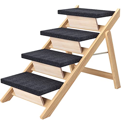 Pet Stairs/Steps, Large Dogs Steps for High Beds, Sofa, Couch, Car, 2-in-1 Foldable Wood Dog Ramp with Non-Slip Pads, Safety, Durable Portable Dog/Cat Ladder Up to 110 lbs, 4 Steps