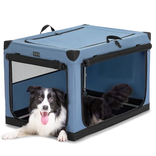 PETSFIT Portable Dog Crate, with Patented Adjustable Fabric Cover, Chewproof & Lockable Mesh Doors, Waterproof Base Collapsible Kennel Blue 36 Inch