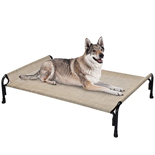 Veehoo Outdoor Elevated Dog Bed, Raised Dog Cot for Large Dogs, Cooling Washable Waterproof Pet Hammock Beds with Slope Headrest, Breathable Mesh and Sturdy Frame, Large, Beige Coffee, CWC2204