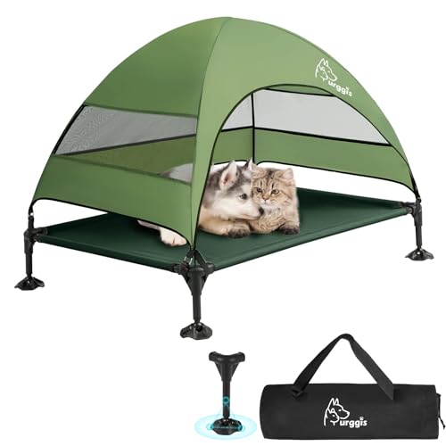 Upgraded Elevated Dog Bed with Canopy, Portable Raised Outdoor Dog Bed with Stable Anti-Slip Feet, Removable Wider Shade, Raised Dogs Cot for Large Pets Camping, Indoor & Outdoor Use