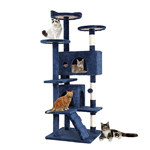 BestPet | 54" Cat Tree Tower | Navy Blue | Sturdy, Easy to Assemble, Multi-Level Activity Center with Sisal Scratching Posts, Condos, Perches, Hanging Cat Toys, Observation Decks & Ladder