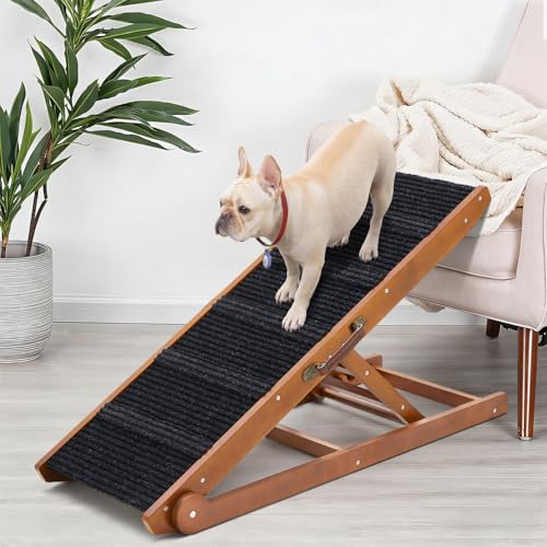Wooden Adjustable Pet Ramp for All Dogs and Cats - Non Slip Carpet Surface and Foot Pads - 40" Long and Adjustable from 12 to 24 - Up to 200LBS - Folding Dog Car Ramps for SUV, Bed, Couch