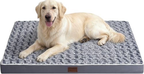 Dog Bed Mats for Large Jumbo Big Dog - Orthopedic Dog Pet Durable Crate Bed Mattress of Thick Egg Foam Crate, Rose Plush Washable Cover, Non-Slip Bottom (XXXL(54''x42''x4''), Grey Side)